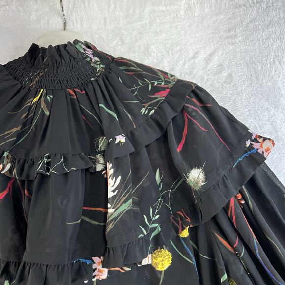 H&M Medium M Frill Ruffle Trimmed Chiffon Blouse Black Floral Smocked High Neck - Picture 7 of 16